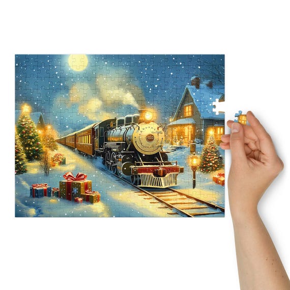 Xmas Train Jigsaw Puzzle with Tin, Holiday Activity, Family Activity, Train Puzzle, Christmas Puzzle Set, Kids Gift, Christmas Train