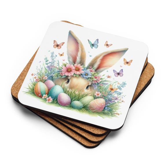 Cute Bunny Cork-Back Coaster, Easter Coaster, Egg Design Coaster, Bunny Decor, Easter Bunny Gift, Table Decor
