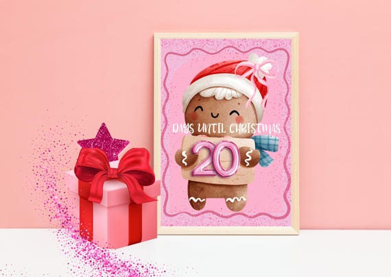 Pink Xmas Countdown Posters, Printable Christmas Decor, Days Until Christmas, Holiday Decoration, Pink Christmas, Festive Wall Art