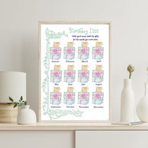 Könnte beinhalten: Ein gerahmter Aquarelldruck mit dem Titel "Geburtstagsliste". Das Kunstwerk zeigt ein Raster von Geschenkboxen, die jeweils mit einem Monat beschriftet sind. Der Text lautet: "Schreibe deine geheimen Wünsche für Geschenke für die Monate, in denen du geboren wurdest."