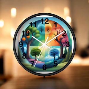 Könnte beinhalten: Eine schwarze runde Uhr mit weißen Zahlen und Zeigern. Das Zifferblatt der Uhr zeigt ein farbenfrohes Design mit vier Bäumen, die die vier Jahreszeiten repräsentieren. Die Bäume sind von Wolken und einem blauen Himmel umgeben.