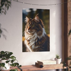 Könnte beinhalten: Ein Poster mit einer Maine Coon Katze mit braun-weißem Fell, grünen Augen und langen Ohrbüscheln. Die Katze blickt zur Seite. Der Hintergrund ist verschwommen, was auf eine Umgebung im Freien hindeutet.