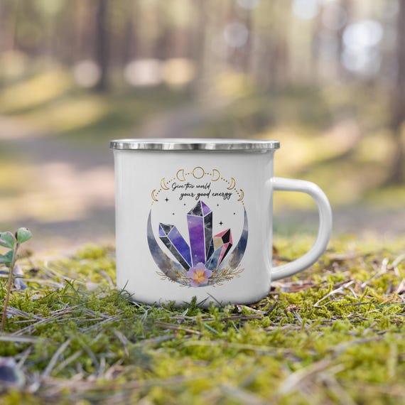 Unique Enamel Mug Go-sage-yourself, Modern Gift Idea, Stylish Tea Cup, White Drinkware