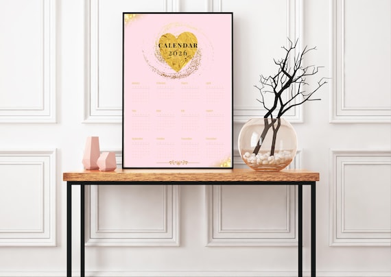 2026 Yearly Wall Calendar, Printable Golden Pink Poster, Unique Calendar, Wall Decor, Office Planner, Wall Art, Yearly Wall Calendar