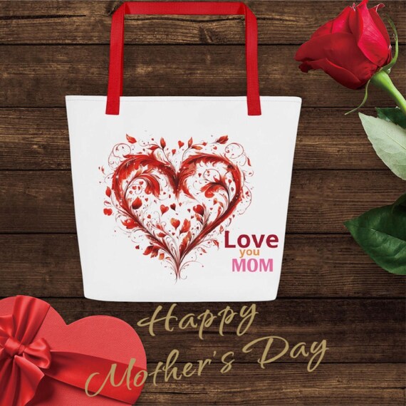 Large Tote Bag with Heart Print, Mother's Day Bag, Mom Birthday Tote, Women's Bag, Unique Gift Idea