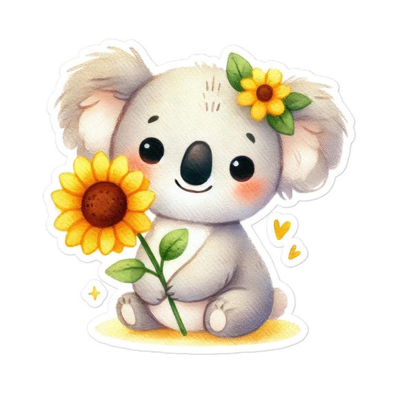 Cute Koala with Sunflower Bubble-Free Stickers, Animal Sticker, Laptop Decor, Water Bottle Sticker, Gift for Kids, Scrapbook Sticker