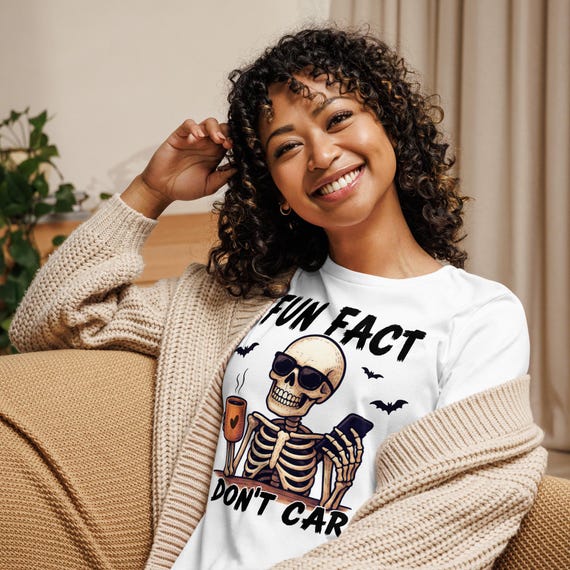 Sarcastic Skeleton Women's Relaxed T-Shirt, Coffee Lover Tee, Halloween Casual Shirt, Skeleton Tee, Humorous Top, Funny Halloween Top