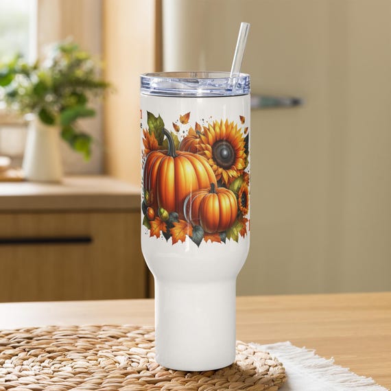 Pumpkin Spice Travel Mug, Handle Coffee Cup, Insulated Autumn Mug, Portable Fall Tumbler, Reusable Travel Cup, Fall Travel Tumbler