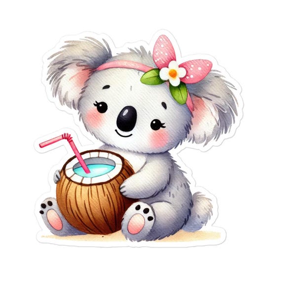 Cute Koala with Coconut Stickers, Bubble-free Stickers, Animal Sticker, Koala Lover Gift, Stationery Decal, Gift Idea, Summer Sticker