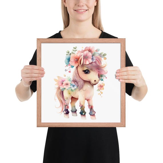 Framed Poster Nursery Horse with Flowers, Watercolor Wall Decor, Kids Room Art, Unique Gift, Floral Animal Print, Nursery Gift