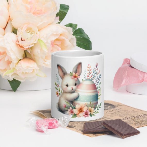 Cute Easter Gift Mug, White Glossy Bunny Mug, Holiday Mug Gift, Bunny Easter Mug, Cute Bunny Holiday