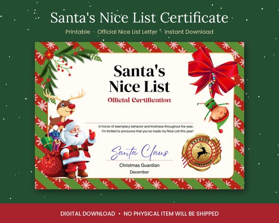 Santa's Nice List Certificate Printable by AllerleiOase • Personalized Official Nice List Letter • Christmas Gift for Kids • PDF