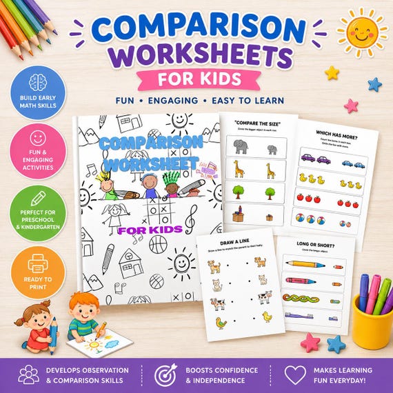 Comparison Worksheet For Kids, Educational Tool, Learning Resource, Kids Activity, Homeschool Worksheets, Fun Learning, Preschool Activity