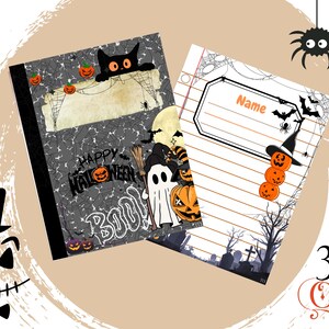 Könnte beinhalten: Zwei Notizbücher zum Thema Halloween mit gruseligen Illustrationen. Eines zeigt eine schwarze Katze, Kürbisse und die Worte "Happy Halloween" und "Boo!". Das andere hat einen Hexenhut, Fledermäuse und einen Platz zum Schreiben von "Name". Eine Spinne hängt von oben.