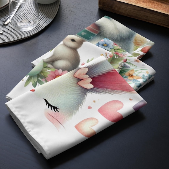 Cute Bunny Cloth Napkin Set, Easter Table Decor, Hearts Napkin, Bunny Design, Kitchen Textiles, Hostess Gift