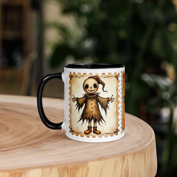 Halloween Postage Stamp Mug, Coffee Mug with Color Inside, Spooky Mug, Collectible Halloween Mug, Halloween Gift, Halloween Decor