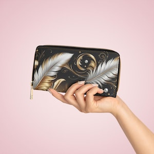 Cartera con cremallera de plumas compacta segura, cartera diaria, regalo de cartera para mujer, cartera elegante, diseño de plumas