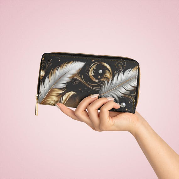 Feather Zipper Wallet Compact Secure, Everyday Wallet, Women's Wallet Gift, Stylish Wallet, Feather Design