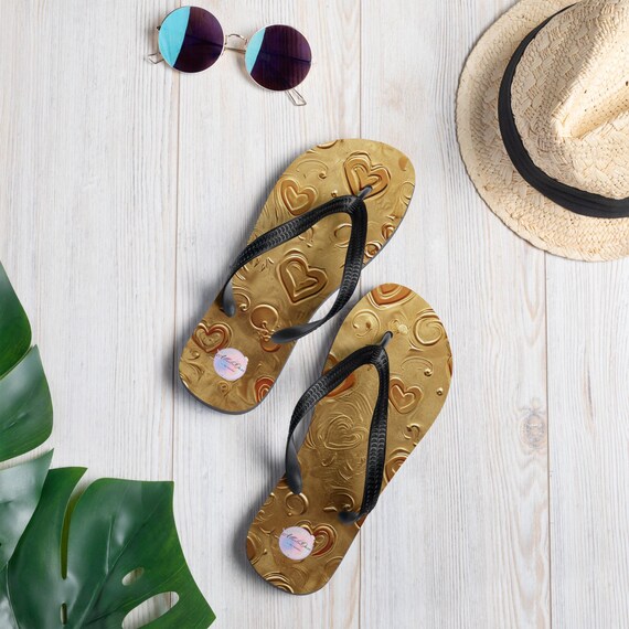 Golden summer flip flops, unique sandals, modern style, gift idea, beach shoes, vacation ready, casual beachwear