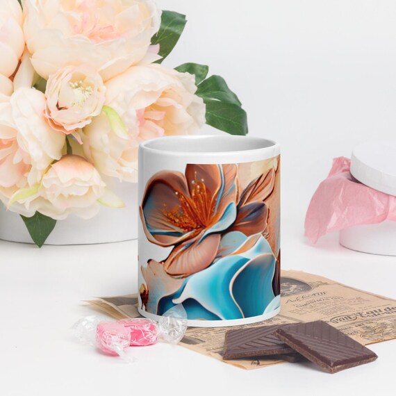 Paintflower-Splash White Glossy Mug, Stylish Modern Design, Unique Gift for Spring, Floral Coffee Cup, Summer Gift Idea