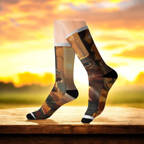 Autumn Squirrel and Landscape Socks - Sublimation Print - Cozy Fall Footwear