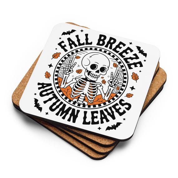 Cork-back Coaster Fall Breeze, Autumn Leaves Coaster, Skeleton Design, Halloween Decor, Seasonal Drink Mat, Seasonal Tableware