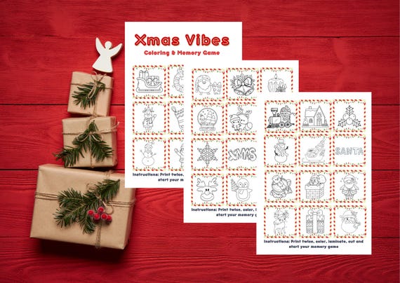 Christmas Coloring Worksheet, Memory Game for Kids, Holiday Learning, Family Activity, Kids Holiday Game, Christmas Card Game, Xmas drawing