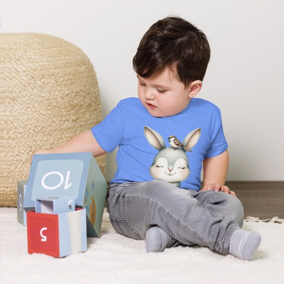 Bunny and Bird Toddler Tee, Short Sleeve T-shirt for Kids, Children's Animal Shirt, Bunny Print, Bird Design, Toddler Gift