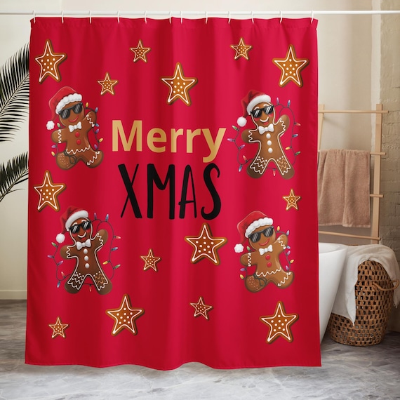 Gingerbread Xmas Shower Curtain, Holiday Shower Curtain, Christmas Bathroom Decor, Gingerbread Decor, Festive Curtain, Xmas Bathroom Curtain