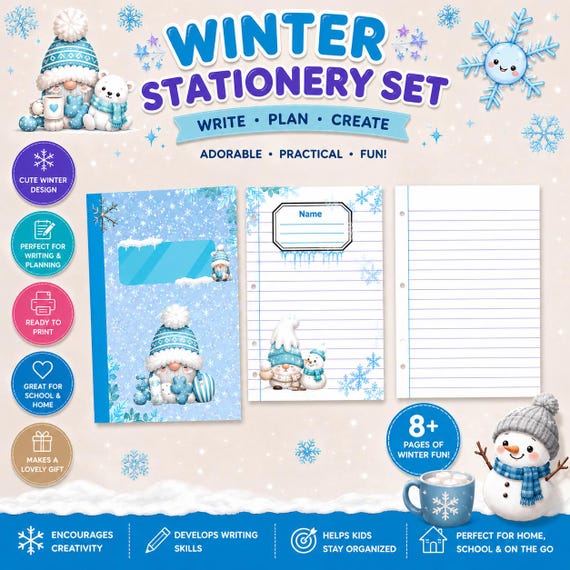 Winter Style Notebook, Printable Pages, Lined Pages, School Supplies, Student Notebook, Winter Stationery, Winter Theme, Gift Idea