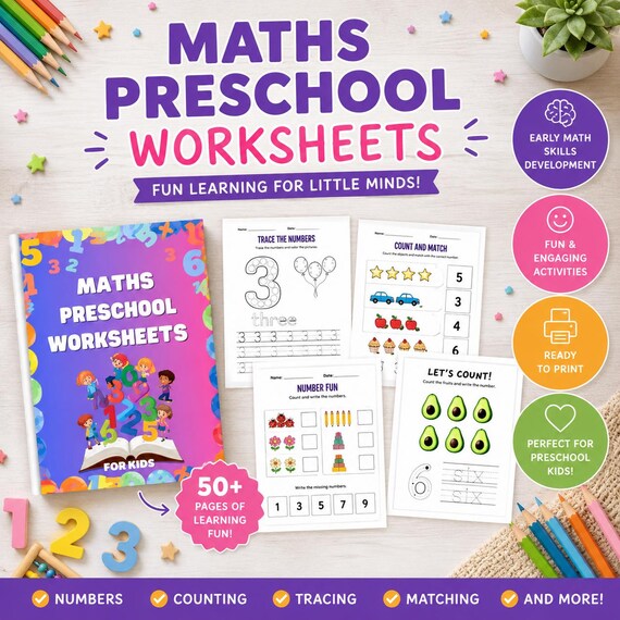 Maths Preschool Worksheets, Early Learning Printables, Math Practice Sheets, Kindergarten Education, Homeschool Resource, Math for Kids