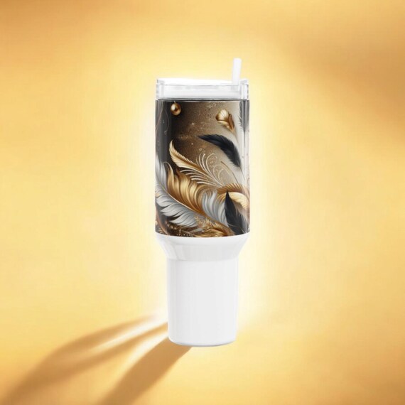 40oz Feather Pattern Tumbler, Double Wall Insulated Cup, Spill-Proof Travel Mug, Unique Feather Print