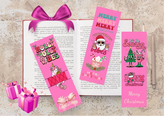 Pink Christmas Bookmark Set, Printable Holiday Bookmark, DIY Book Accessory, Trendy Xmas Bookmark for Readers, Pink Christmas, Xmas