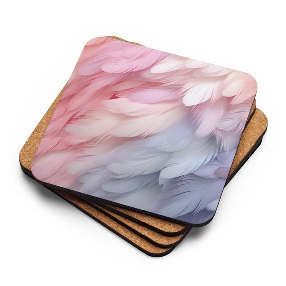 Feather Design Cork-back Coaster, Pastel Colors Coaster, Barware Coaster, Dining Table Accessory, Gift idea