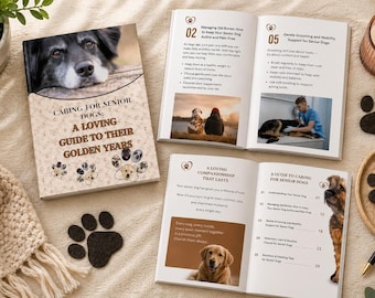 Può includere: Un libro intitolato Caring for Senior Dogs: A Loving Guide to Their Golden Years, mostrato con due pagine aperte che espongono capitoli sulla salute delle articolazioni, toelettatura e mobilità, insieme a foto di cani e una persona che cura un cane.