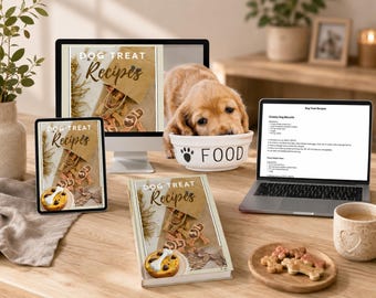 May include: A digital collection of dog treat recipes displayed on a computer monitor, a tablet, and a printed book. The screens and book cover feature a photo of dog treats and the text Dog Treat Recipes. A puppy eats from a bowl labeled FOOD.