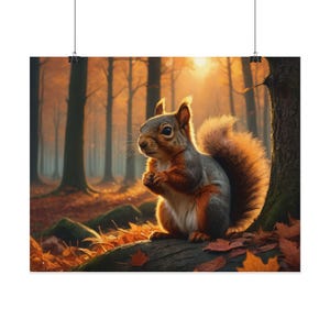Cartel de ardilla de otoño - Arte acogedor de la pared de otoño - Impresión enrollada inspirada en la naturaleza - Decoración del hogar de temporada