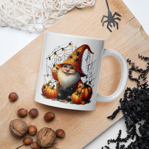 White Glossy Mug, Autumn Mug, Halloween Mug, Dwarf with Pumpkins, Fall Mug, Pumpkin Gnome Mug, Cozy Drinkware, Fall Coffee Cup
