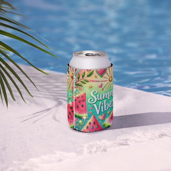 Summer Vibes Can Cooler, Beach Drink Cooler, Picnic Beverage Holder, Cold Drink Sleeve, Summer Reunion Gift,  Insulated Drink Holder