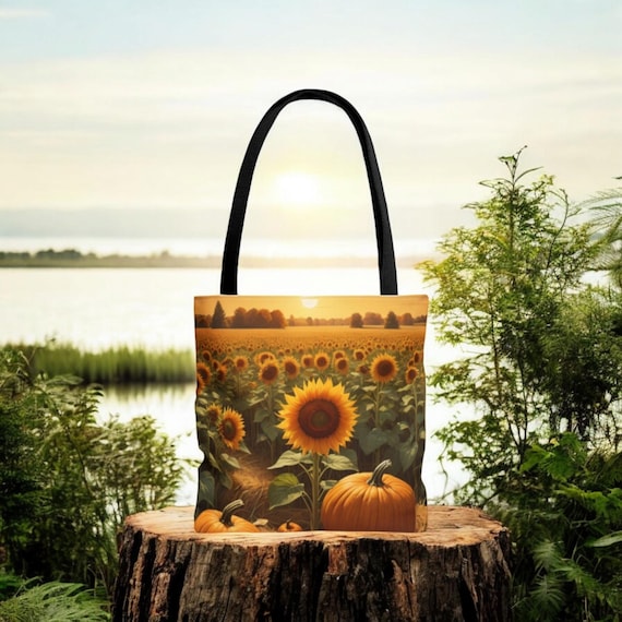 Autumn Sunflowers Tote Bag, All-Over Print (AOP), Fall Floral Carrier, Stylish Bag, Fall Fashion Accessory