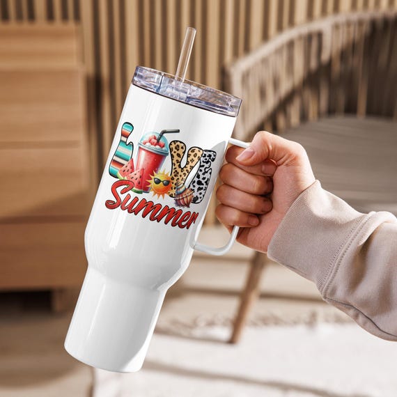 Love Summer Travel Mug with Handle, Coffee Cup, Reusable Mug, Insulated Drinkware, Outdoor Mug, Beach Gift, Love Summer Design