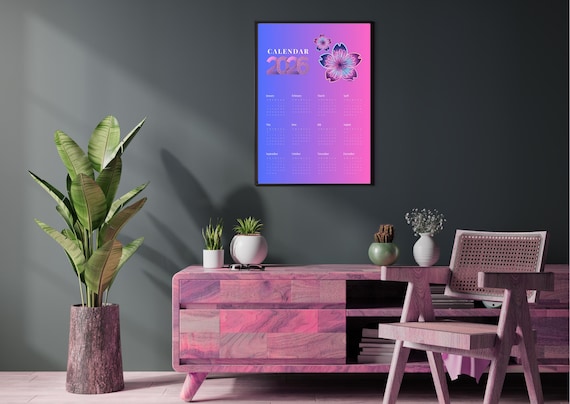 2026 Yearly Wall Calendar, Blue Pink Printable Poster, Year at a Glance, Home Decor, Office Calendar, Yearly Planner, Wall Art Decor