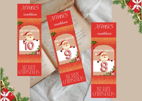 Printable Xmas Countdown Bookmarks, Trendy Xmas Style, DIY Book Accessory, School Supplies, Book Lover Gift, Holiday Countdown, Holiday Gift