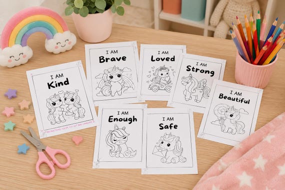 Unicorn Coloring Pages Worksheets, Printable Affirmation Cards for Kids, I Am Affirmations, Child Confidence Boost, I Am Cards for Children