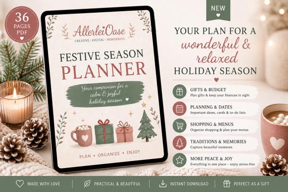 Festive Season Planner Printable | 36-Page Christmas Organizer | Gift List, Budget, Meal Plan & Checklists | PDF Download