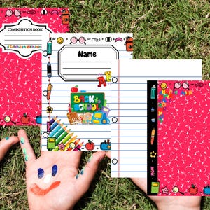 Könnte beinhalten: Ein Kompositionsbuch und Notizpapier mit rotem Einband und Illustrationen zum Thema Schule. Das Kompositionsbuch trägt die Aufschrift "Composition Book" auf dem Einband. Auf dem Notizpapier steht "Back to School".