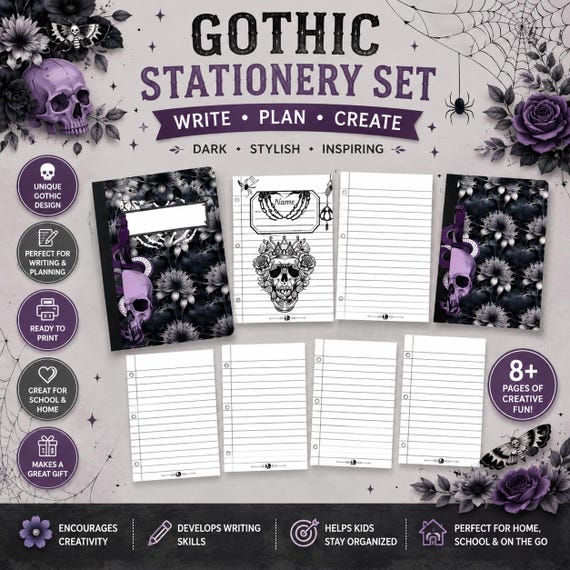 Goth Style Notebook, Printable Pages, Lined Pages, School Supplies, Student Notebook, Dark Aesthetic, Stationery Gift, Dark Aesthetic