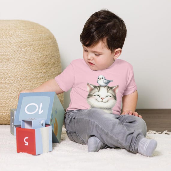 Toddler Short Sleeve Tee, Cute Bird and Cat Design, Animals Shirt, Unique Tee, Kids T-shirt, Cat Lover Gift