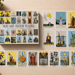 May include: A Square Rider Waite tarot deck box featuring 78 cards and a guidebook, displayed with several individual tarot cards laid out. The box cover shows a grid of card illustrations with the text Square Rider Waite printed in black.