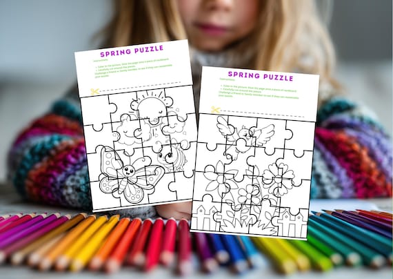 Spring Puzzles to Color In, Printable Spring Worksheets, Digital Download Puzzles, Kids Activity, Fun Learning, Spring Activity